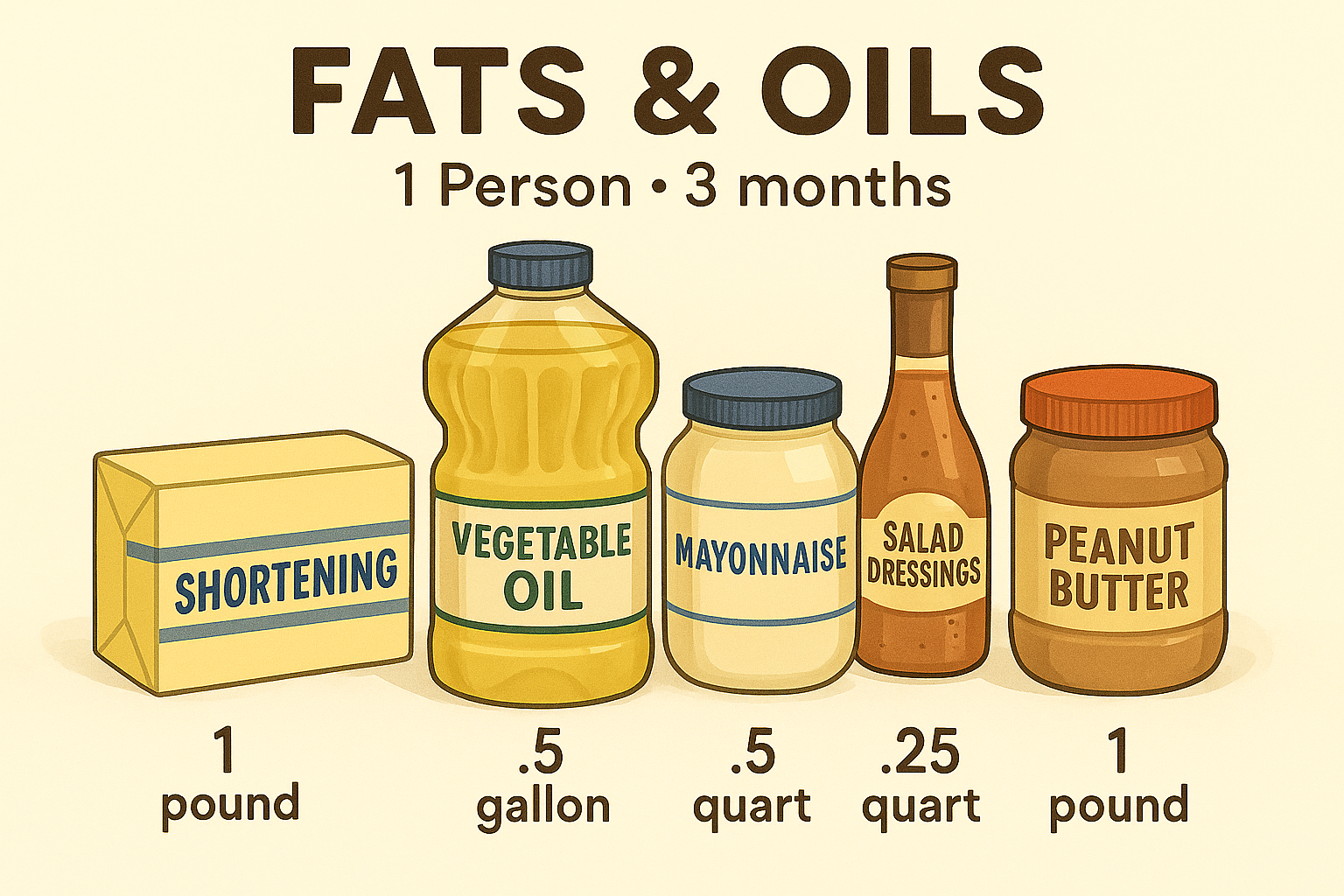 Fats & Oils for emergency preparedness 1 person  months storage be prepared