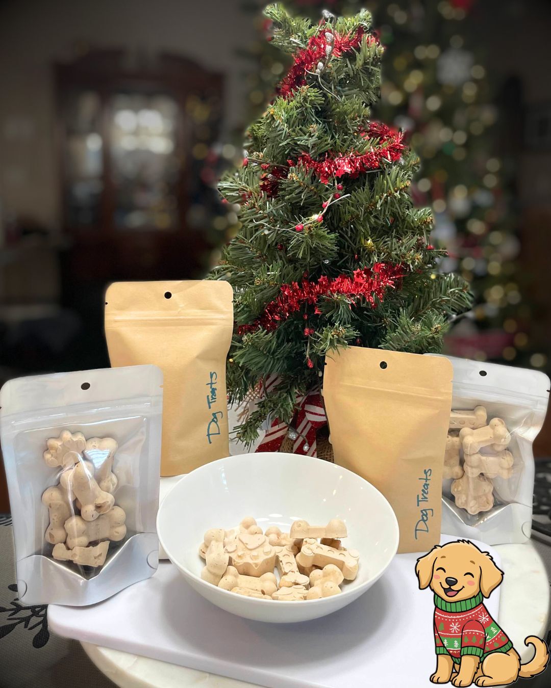 Christmas dog treats, homemade dog treats, freeze-dried dog treats, frozen dog treats, holiday pet gifts, DIY dog treats, PackFreshUSA pouches, dog food recipe, Greek yogurt dog treats, paw print treats, bone shape dog treats, Christmas pet gift ideas, Mimi&rsquo;s kitchen, prepper treats for dogs, Apollo the dog