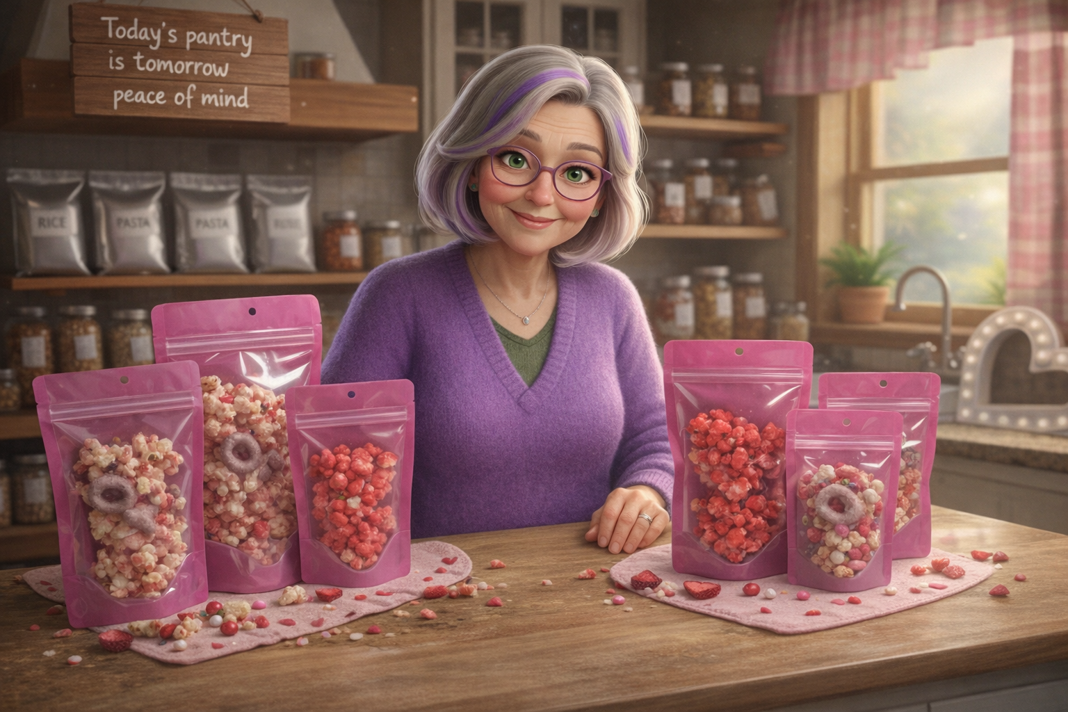 Mimi in her kitchen with her Valentine Popcorn Treats