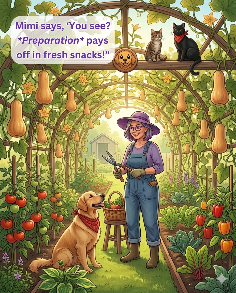 Mimi in her garden, butternut squash, freeze-drying, long term food storage