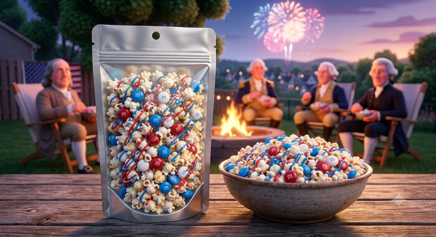 Patriotic Popcorn with M&M and drizzle Patriot, popcorn, gourmet popcorn, 4th of July treats, Red white & blue popcorn, PackFreshUSA