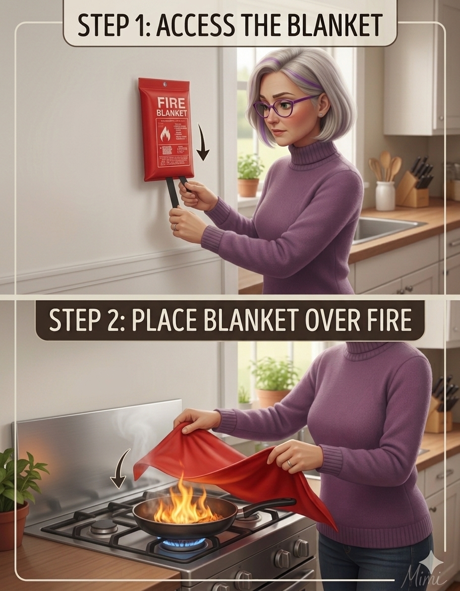 Mimi showing how fire blankets work. Mimi demo Fire Blanket kitchen fires, fire prevention, must have for every home