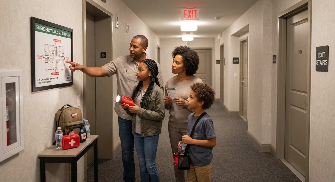 family checking out emergency exit for building