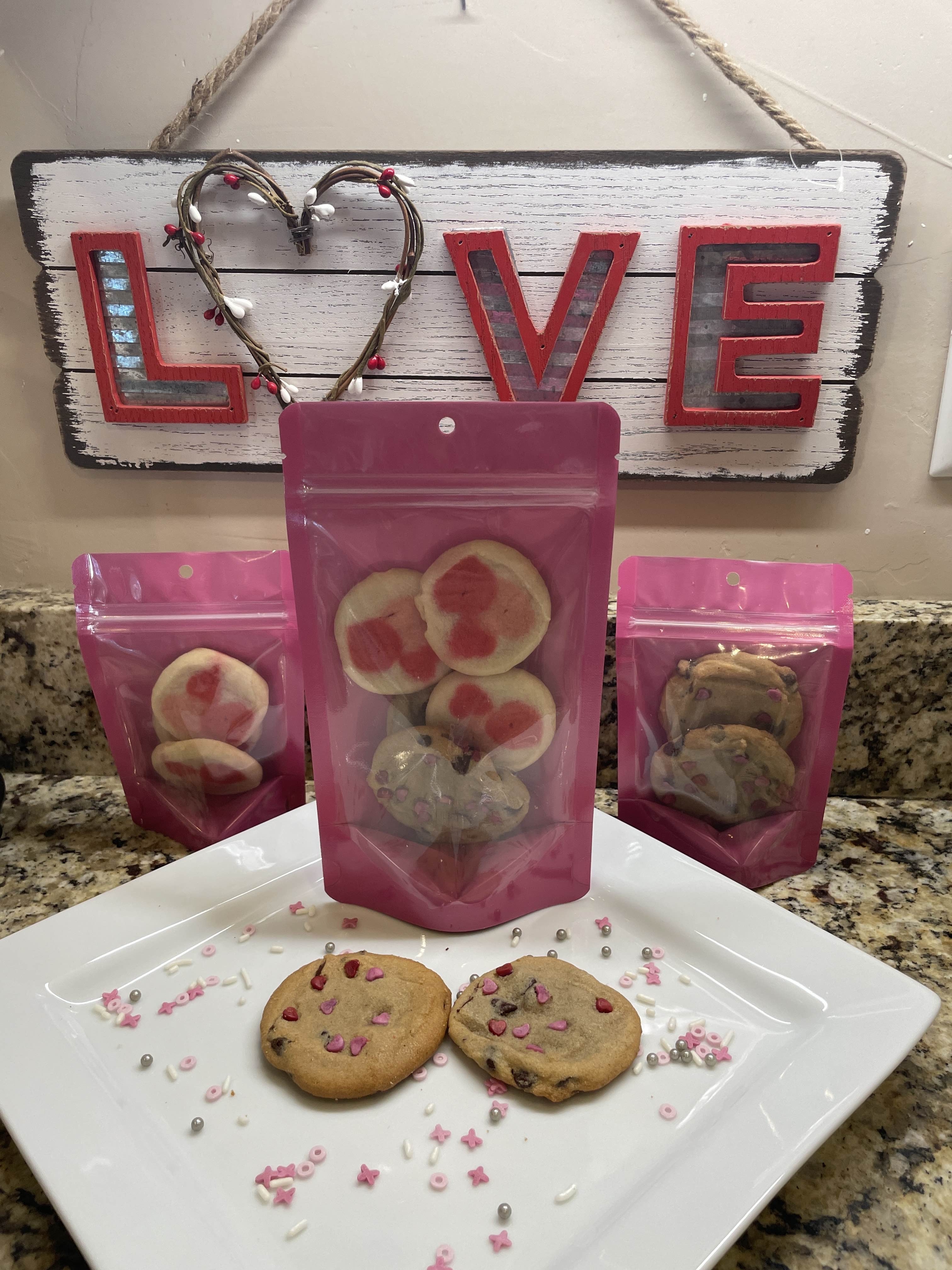 Store Bought cookies in Pink & Clear Stand-up Pouches, Valentine's treats, cookies for loved ones, sweet treats from the heart