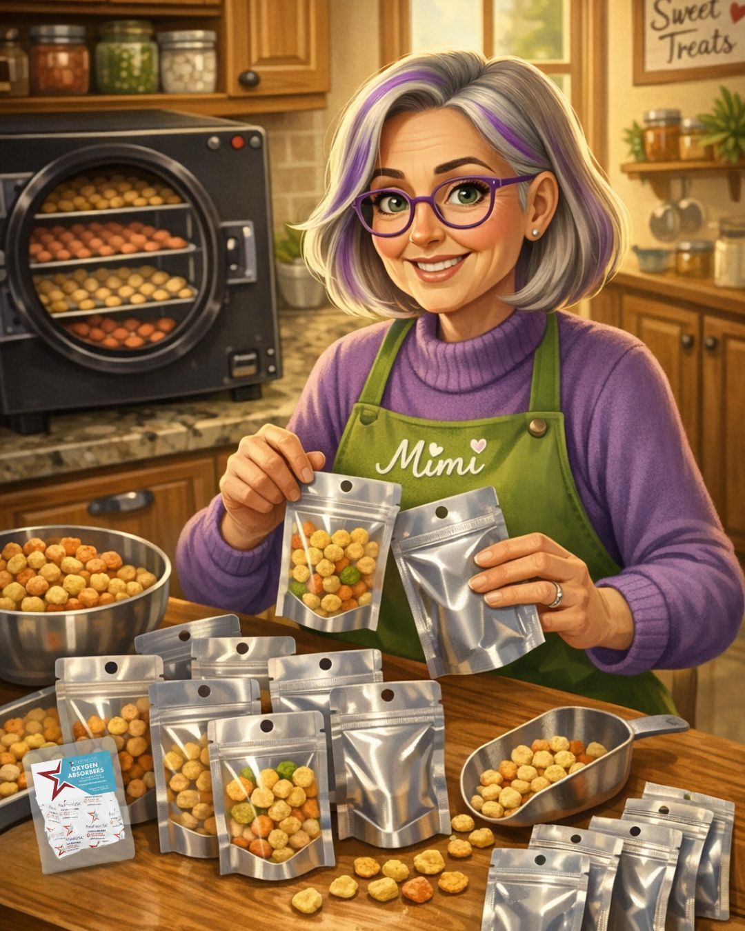 Stand-up pouches, freeze-dried baby treats, oxygen absorbers, little snacker treats, freeze-dried fruits and vegetables, toddler treats