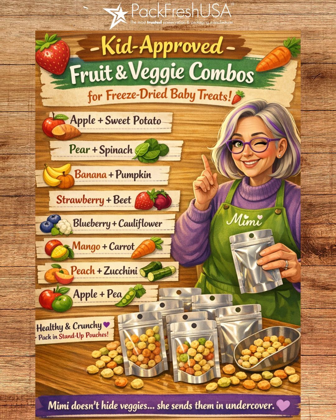 Stand-up pouches, freeze-dried baby treats, oxygen absorbers, little snacker treats, freeze-dried fruits and vegetables, toddler treats