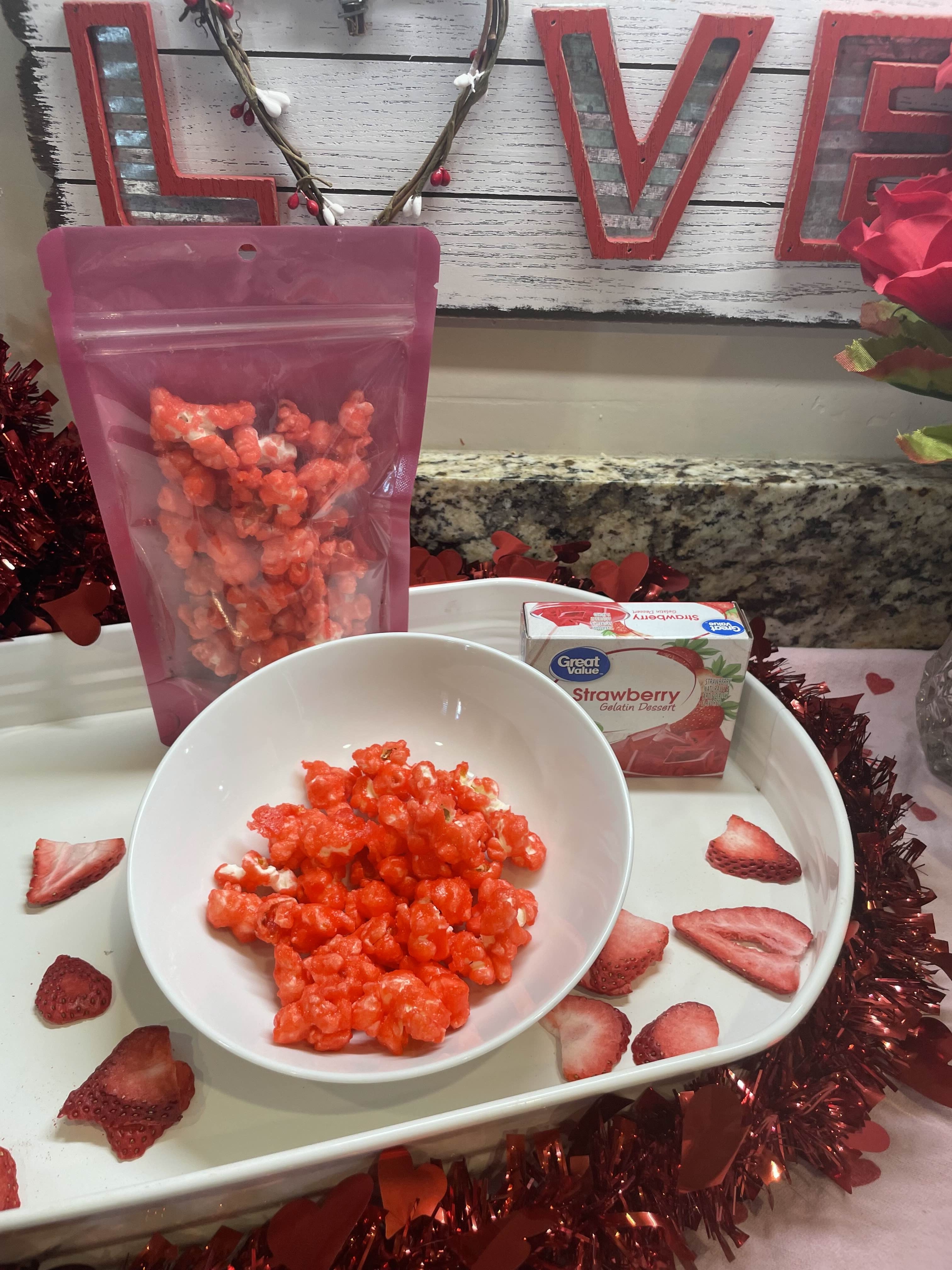 jello strawberry popcorn, valentines treats