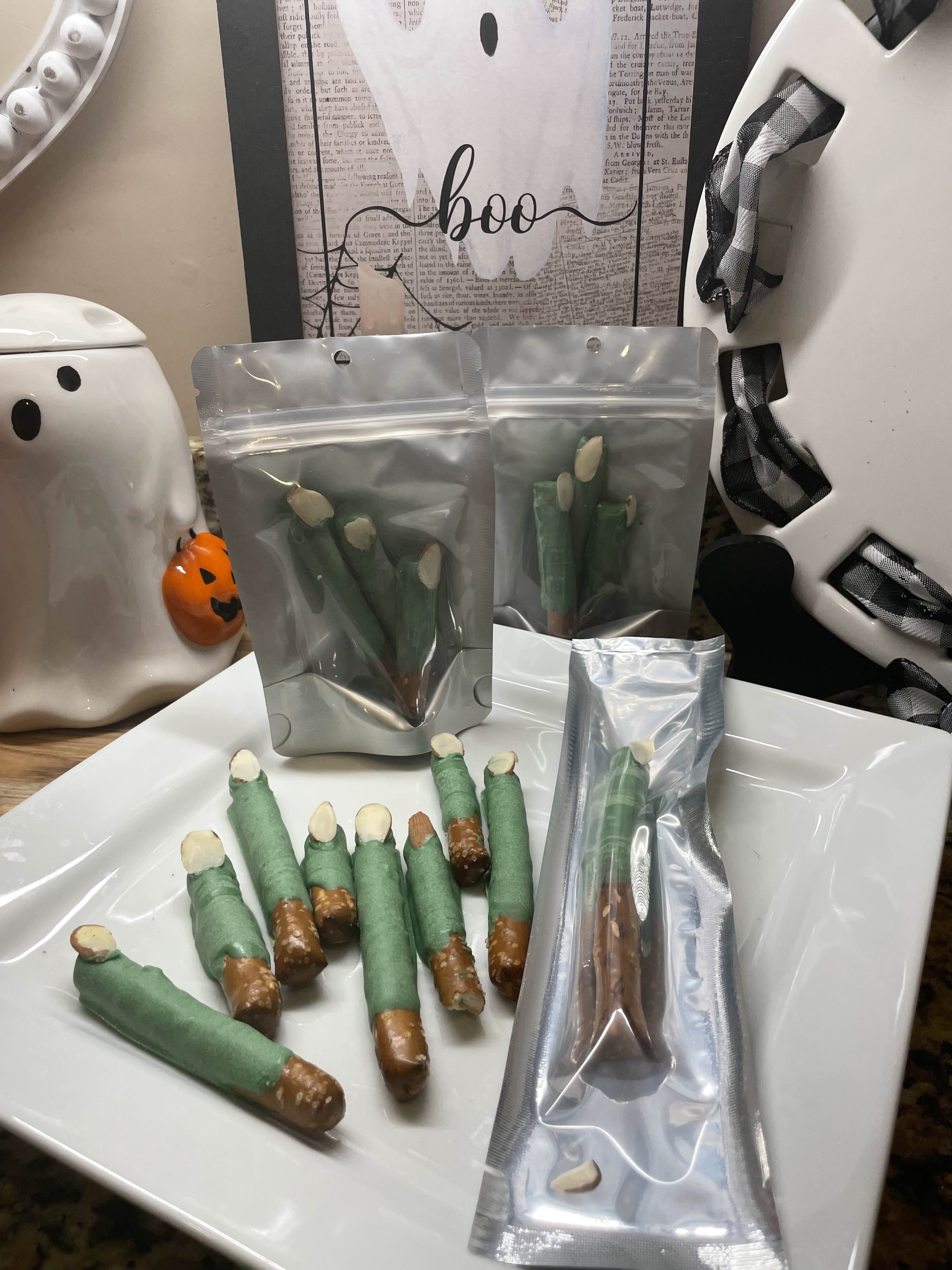 bag of witches fingers, halloween treats, trick-or-treat, pretzels, chocolate dipped, stand-up pouches, Freezer-pop bags Bag of Witches Fingers