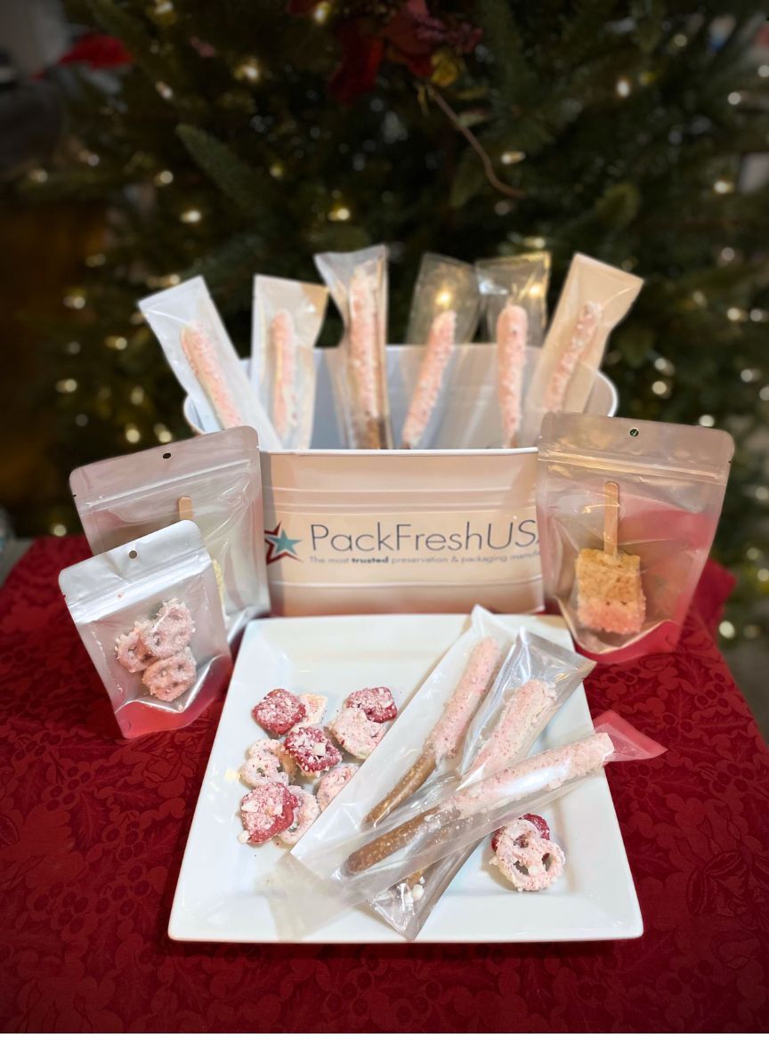 Wintery and pepperminty pretzels, and rice Krispy Treats Christmas snacks, pretzel rods, chocolate dipped, stand-up pouches, Freezer Popspeppermint, Pretzel bites, rice krispy treats,